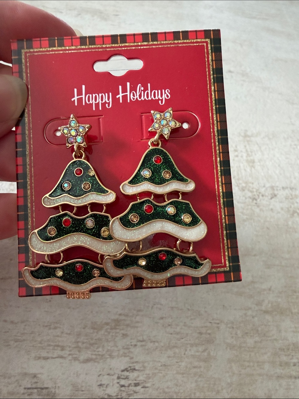 Happy Holidays Gold-Tone Green & White Christmas Tree Earrings